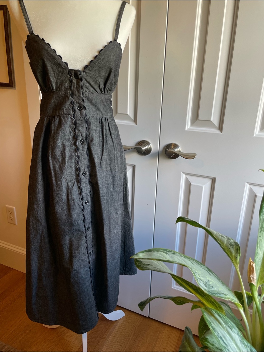Carleen Cotton Button Front Midi Dress Black Size S Made in USA